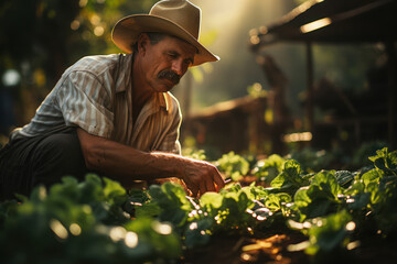 Poster - Organic Farming. Farmer inspecting crops without chemical use, promoting sustainable agricultural practices for a balanced climate. Generative Ai.