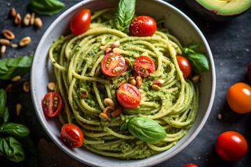 Wall Mural - Green Gourmet: Vegan Avocado Pesto Spaghetti - Plant-Based Perfection in Pixels