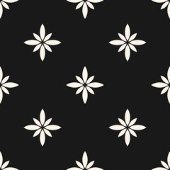 Wall Mural - Simple vector floral seamless pattern. Abstract monochrome geometric ornamental texture with flower silhouettes. Black and white simple ornament in oriental style. Dark repeated background design