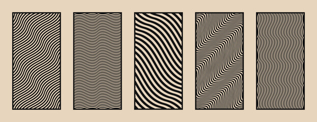 Aufkleber - Laser cut panels. Vector stencil with abstract geometric patterns, diagonal wavy lines, stripes. Modern decorative templates for laser, CNC cutting of wood, metal, plastic, paper. Aspect ratio 1:2