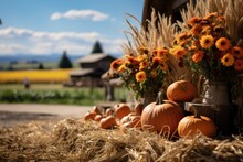 A Rustic Scene Of Hay Bales, Pumpkins, And Chrysanthemums - Country Fall - AI Generated
