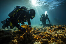 Coastal Cleanup. Divers Removing Debris From The Ocean Floor, Symbolizing The Protection Of Marine Life For A Sustainable Climate. Generative Ai.