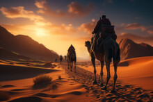 Desert Expeditions. Traveler Riding A Camel Through The Dunes, Illustrating The Thirst To Go Everywhere, Even To Deserts. Generative Ai.