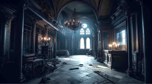 Haunted Castle Interior On Creepy Spooky Night