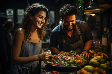 Social Connection. Friends cooking and sharing a meal together, highlighting the role of companionship to be healthy. Generative Ai.