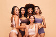© Anela/peopleimages.com - Body portrait, underwear and group of women in studio isolated on a brown background. Smile, lingerie and friends with empowerment, inclusion and positivity, natural beauty and wellness for diversity
