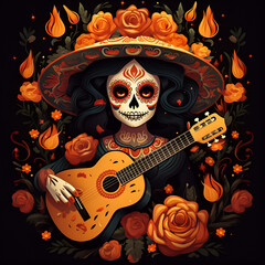 Wall Mural - Halloween skull with guitar on the dark background.