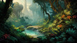 © Favebrush - tropical forest scene, digital painting of jungle with lots of trees, plants and flowers and lake, horizontal illustration of fantasy rainforest