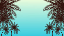 Vector Of Silhouette Coconut Palm Trees On Beach At Sunset. 