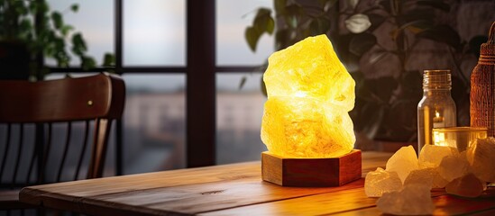 Canvas Print - Himalayan salt lamp glows yellow promoting health and harmony near a window on a curbstone