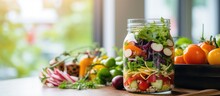 Fresh Vegetables Salad In A Glass Cup With Food Ingredients On Kitchen Counter Healthy Food Concept