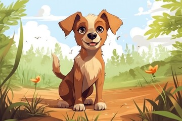 Funny dog in nature. Drawn cartoon animal pet illustration. Generative ai