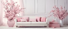 Luxurious Interior With White Studio Vintage Pink Couch Vases And Blossomed Table