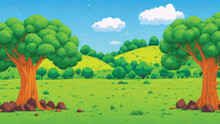 A Cartoon Green Landscape With Trees And Rocks, Background Art