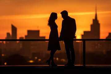 The silhouette of a couple in love. A man and woman stand on a rooftop terrace in front of a sunset and skyline.