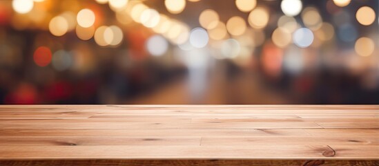Leinwandbilder - Blurred bokeh or store background seen through a wooden tabletop