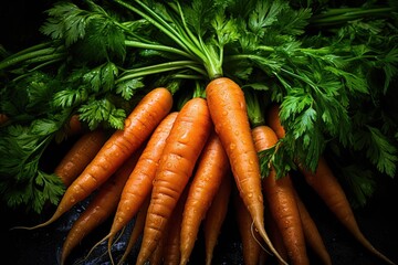 Wall Mural - Pile of fresh orange carrots with green leaves, close up. Background of fresh vegetables.