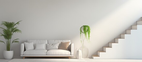 Scandinavian living room interior featuring white stairs in a illustration