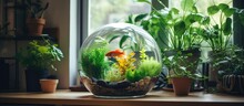 Indoor Plants And Round Aquarium On A Cozy Window Sill