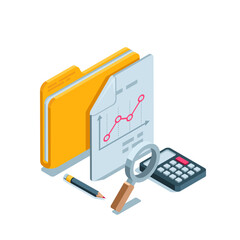 Wall Mural - isometric folder and document with a chart next to a magnifying glass and a calculator in color on a white background, working with statistical financial data or analytics