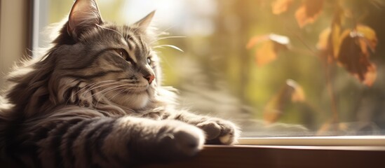 Poster - Contented gray cat basking on a sunny windowsill