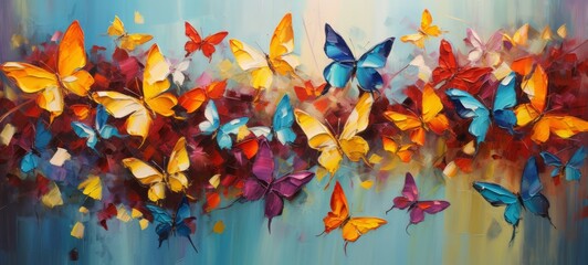 Poster - Colorful abstract oil acrylic painting of colorful butterflies, pallet knife on canvas (Generative Ai)