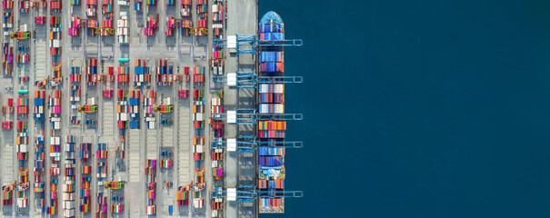 Industrial import-export port prepare to load containers. Aerial top view container ship in export and import global business and logistic. Global transportation and logistic business.