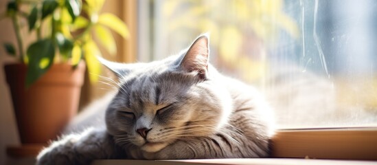 Wall Mural - Contented gray cat basking on a sunny windowsill