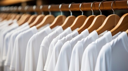 White t-shirts hangers in shop. 