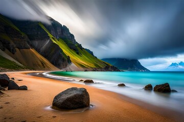 Wall Mural - a beautiful rocky beach with sand and sea