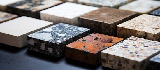 Close up samples of artificial stone for modern interior design in kitchens or bathrooms