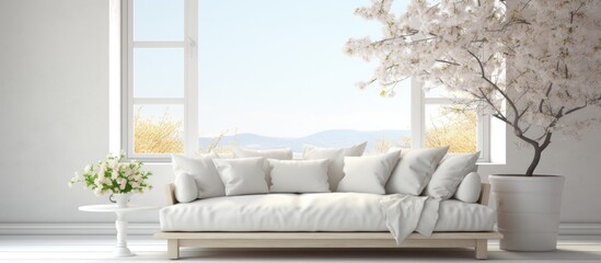 Scandinavian interior design Sofa in white living room with window showing summer landscape illustration