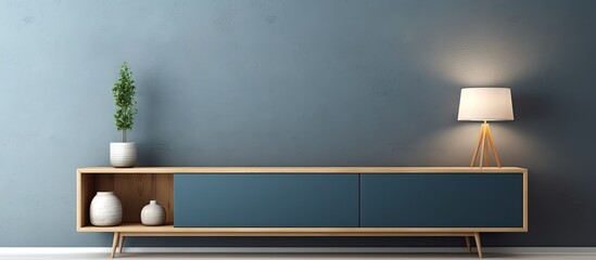 Aufkleber - Modern empty room with dark blue wall TV cabinet