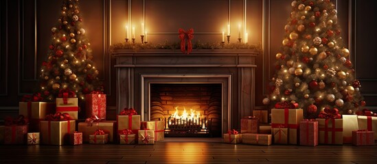 Poster - Digital illustration of Merry Christmas background showcasing gift Christmas Tree and fireplace in a decorated room