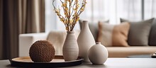 Modern Contemporary Interior With A Table Adorned By A Vase Tablecloth Coasters Wicker Balls Cone In A Living Space Containing A TV In An Apartment Or House