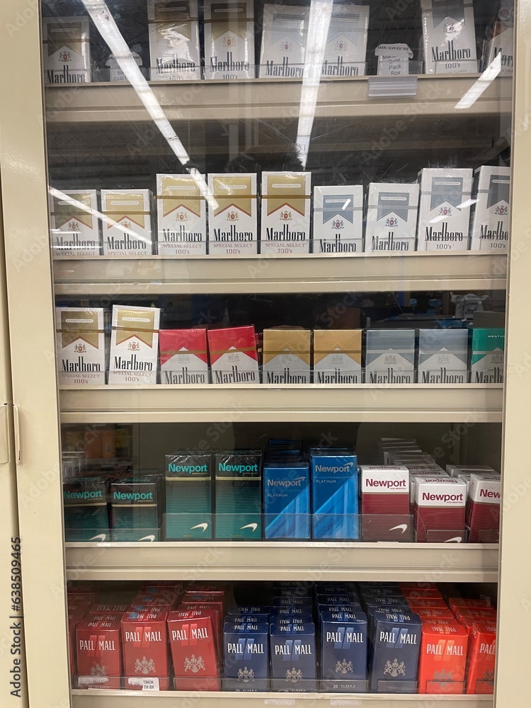 Gold pack marlboro cigarettes in a display case Stock Photo