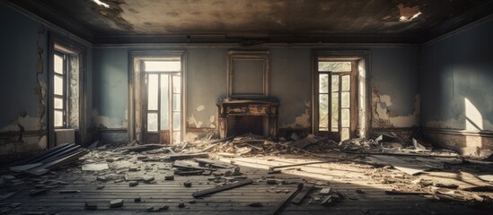 Interior of abandoned old house destroyed