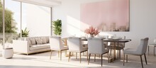 Dining Table Chairs In Bright Open Space With Sofa And Gold Painting On Wall