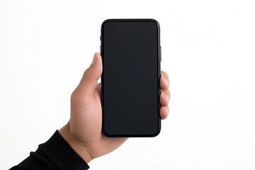 Wall Mural - A hand holds a phone with a black blank screen on a white background. Empty space for product placement or promotional text.