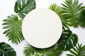 Wall Mural - Top view white round plate or coaster on palm and monstera leaves background. Empty space for product placement or promotional text.