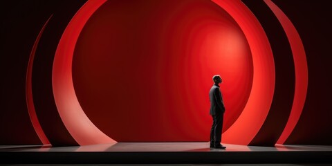 Wall Mural - A man in a suit stands in front of a red circular stage, AI