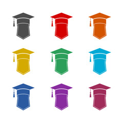 Wall Mural - Shield logo with graduation cap icon isolated on white background. Set icons colorful