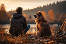 Lonely Man Sits With Faithful Dog At Tent On Riverbank In Autumn Forest
