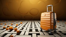 Orange Suitcase And Aorange Balls On A Maze Floor, AI