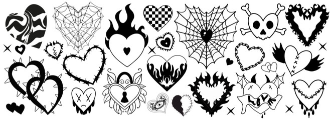y2k 2000s cute emo goth hearts stickers, tattoo art elements . vintage black gloomy set heart. gothi