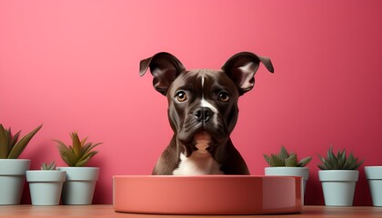 Wall Mural - Dogs sits in front of a bowl on a pastel pink background 