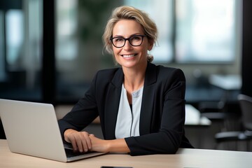 Wall Mural - Happy smiling mature 40s professional business woman manager executive or lawyer looking at camera at workplace, working on laptop technology sitting at desk in office. generative AI