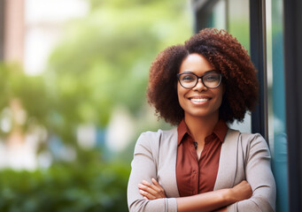 Smiling confident stylish young woman standing outdoors in front of office. Young african american business woman, executive business leader manager looking at camera with arms crossed. AI generated.