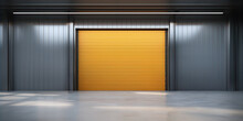 Roller Door Or Roller Shutter, Concrete Floor In Industrial Building I.e. Modern Factory, Plant, Warehouse, Shop, Garage Or Store. Include Lighting At Night. Nobody And Empty Space For Background.