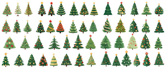 set of christmas tree. in the style of flat design hand drawing. isolated on a transparent backgroun